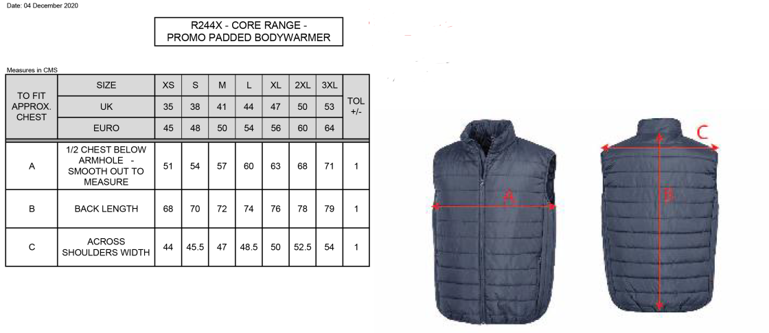 Padded Bodywarmer : Black - Size Guide